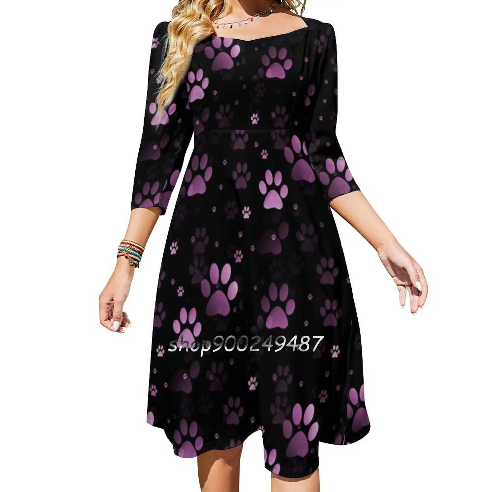 Pink Paw Prints Square Neck Dress New Plus Size Elegant Women Waist Tight Dress Paw Paws Footprints Animal Tracks Feet Foot