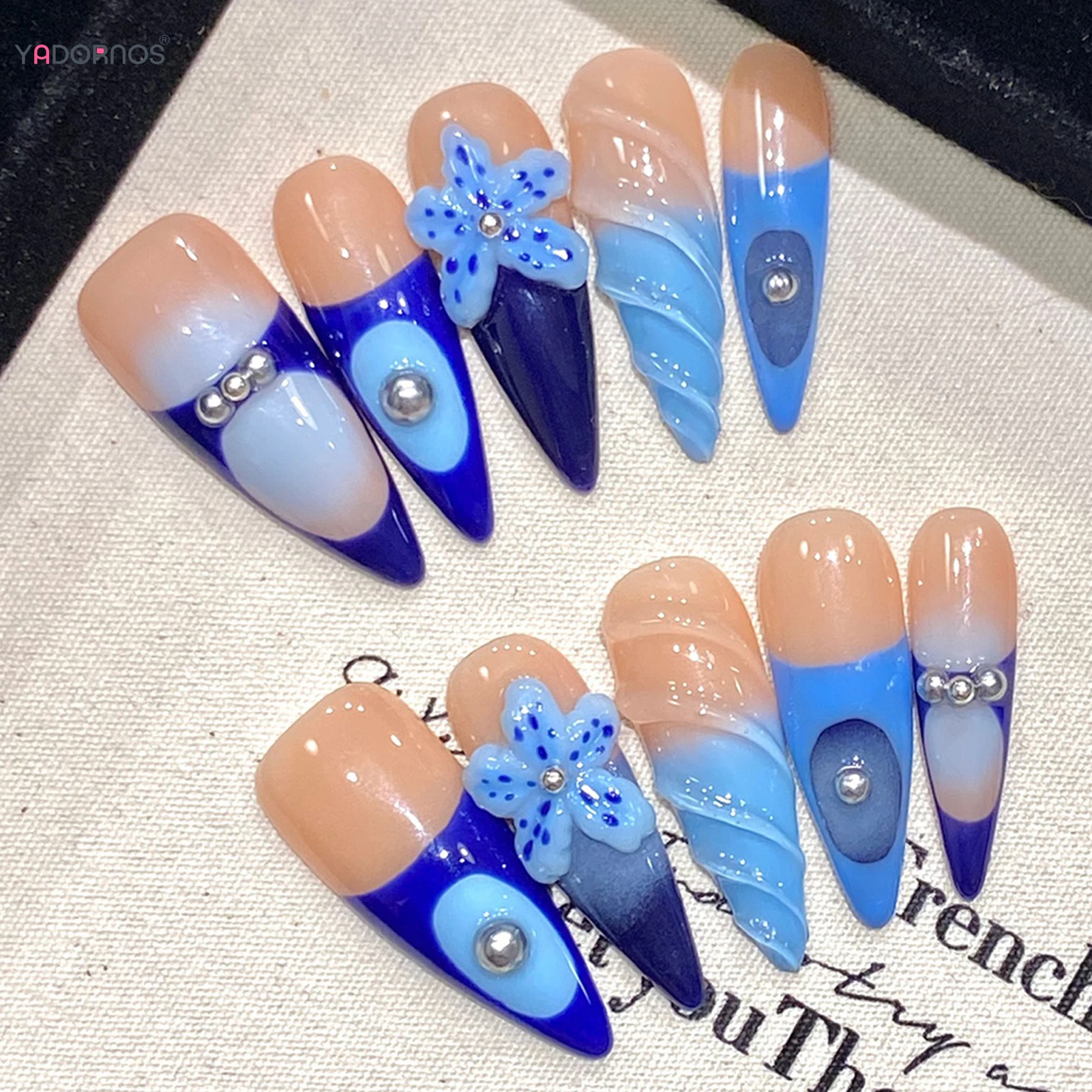 Unhas Postiças Longas Stiletto com Flor e Strass, Feitos À Mão, Tampa Completa, Azul, Pressione, Estilo Francês, Decoração, Verão, 10 Peças