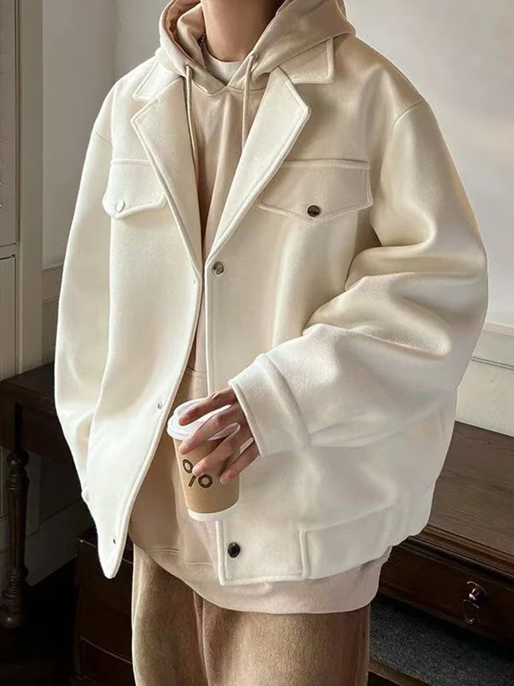 

Faux Wool Coat for Men Y2K Spring New Loose Streetwear Casual Bomber Jacket Fashion Single Breasted Lapel Blended Outerwear Male