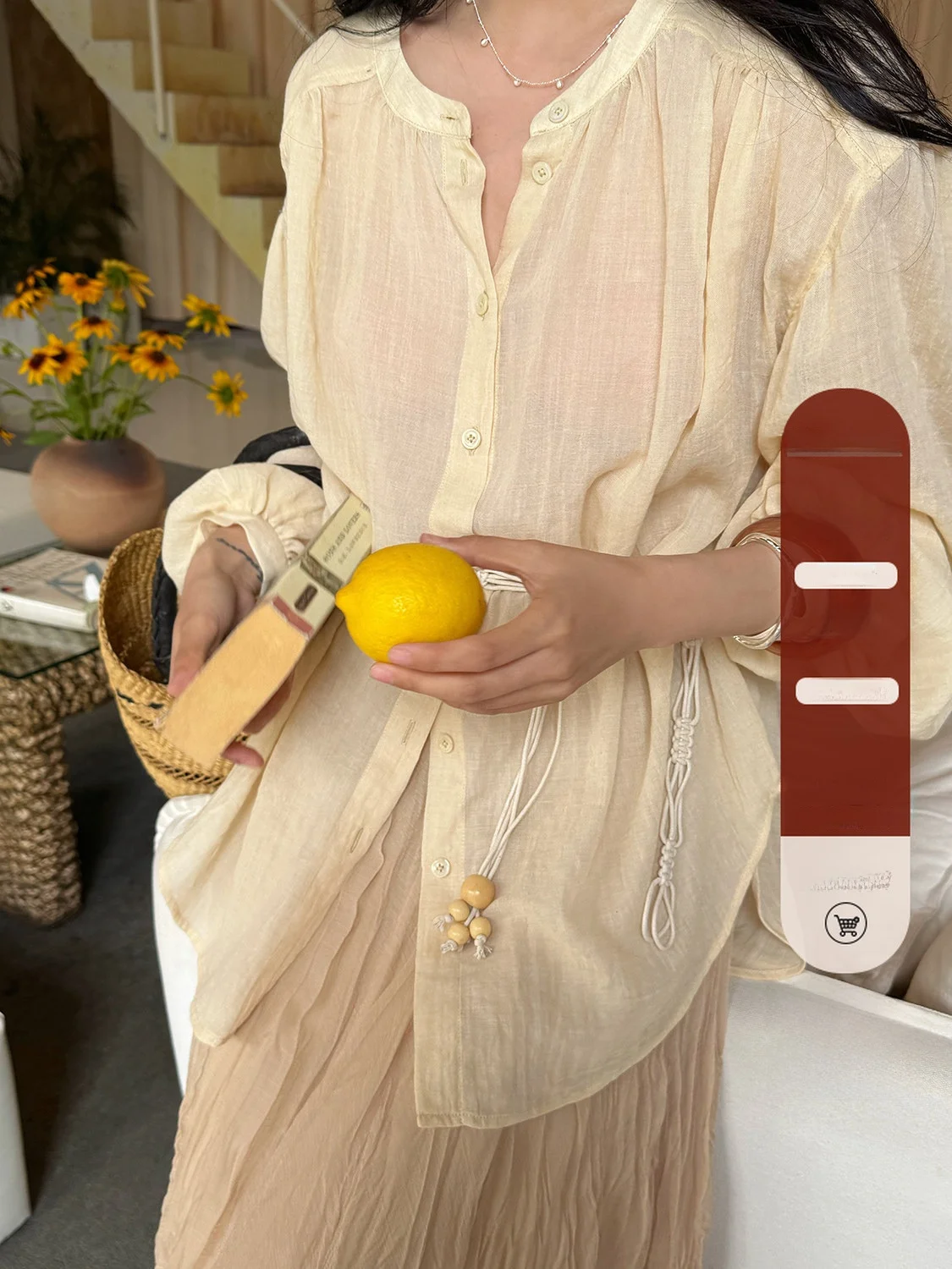 

Loose Long Sve Cotton Linen Bubble Water Resistant Lantern Sve irt Women's Air Conditioning Outerwear Sun Protection