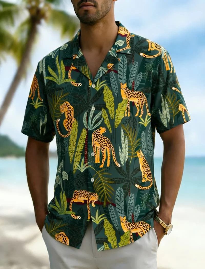 

Мужская рубашка с ярким принтом животных джунглей, универсальная повседневная одежда для ежедневных поездок на работу, офиса, летнего отдыха и пляжа