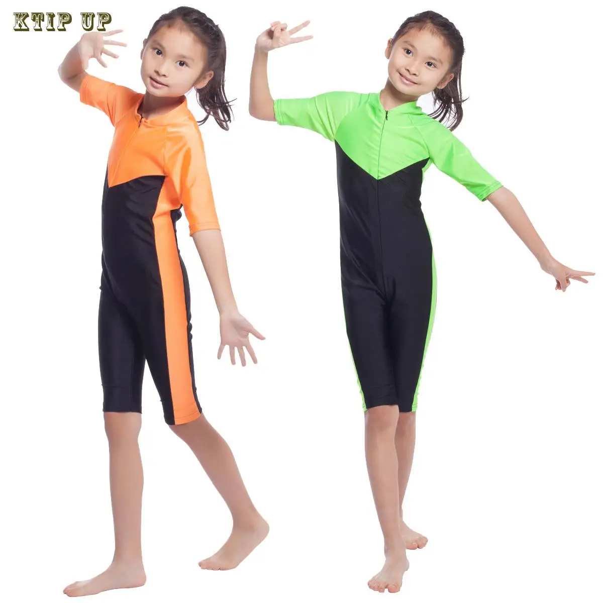 

Full Cover Swimsuit for Muslim Islamic Girls Three Pieces Color Matching Swimwear Round Neck Burkinis Set for Kids Children 3-12