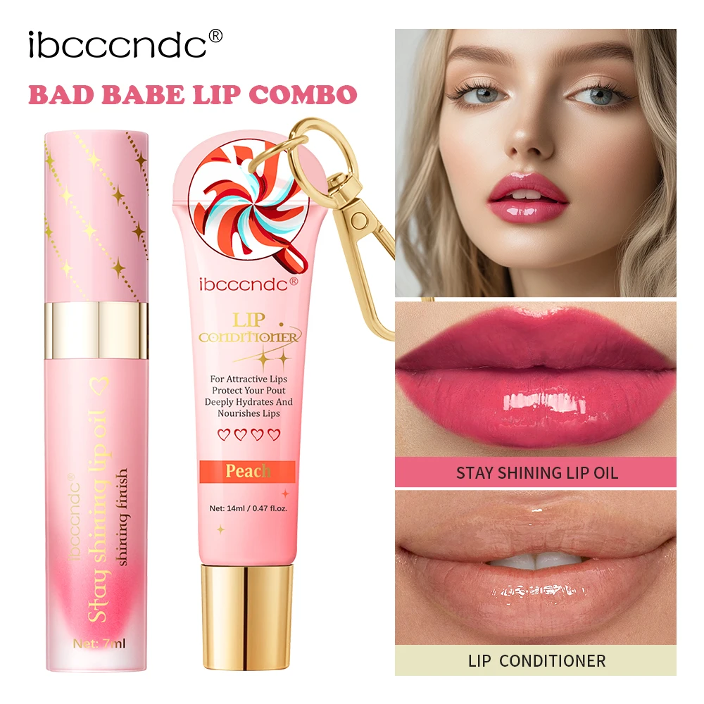 Bad Babe Lip Combo Peach and Clear Lip Gloss Combo with A Keychain Long Lasting Moisturizing Nourish Hydration Plumper Set