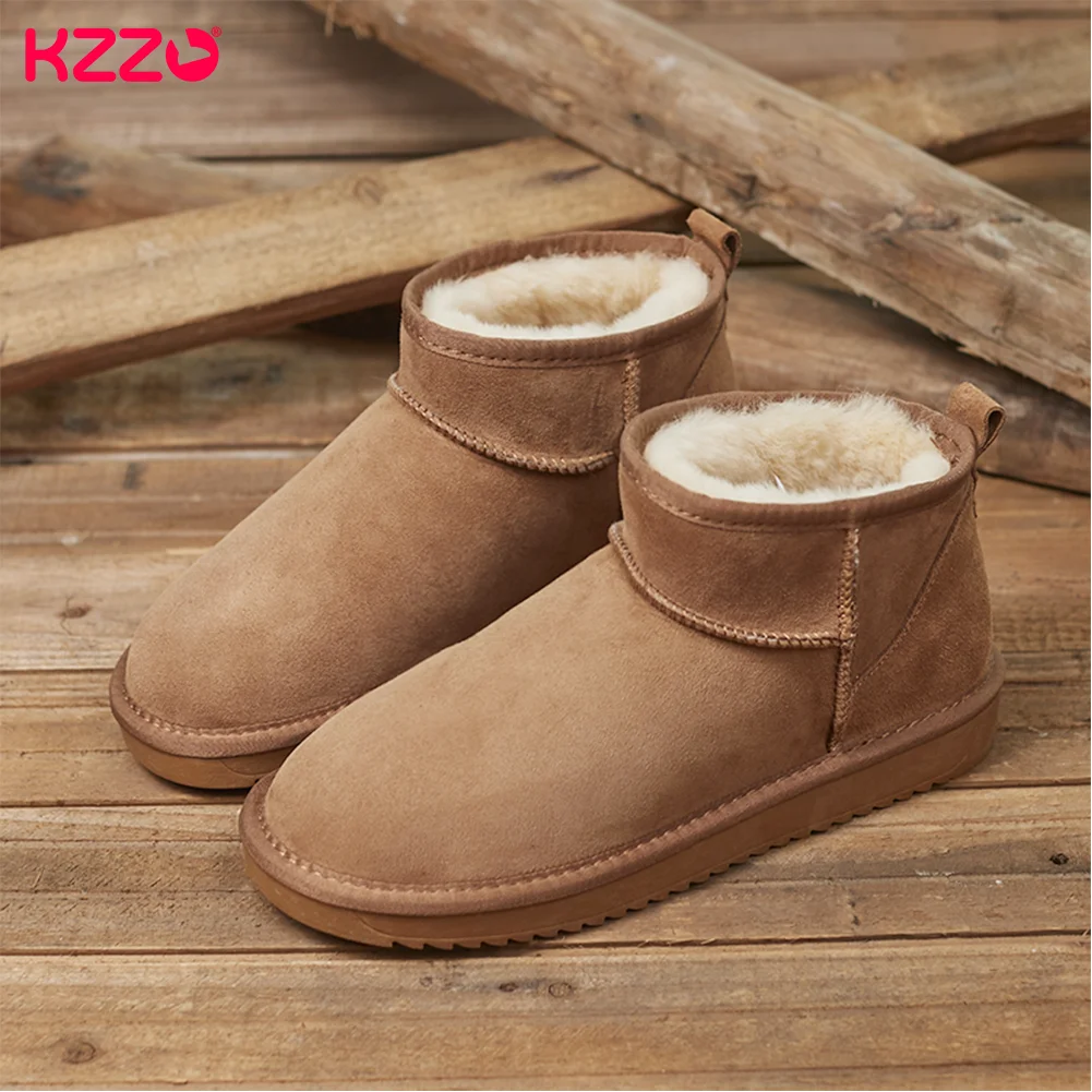 

KZZO Fashion Men Mini Sheepskin Leather Snow Boots Ankle Winter Natural Sheep Wool Fur Lined Casual Warm Shoes Non-Slip Sole