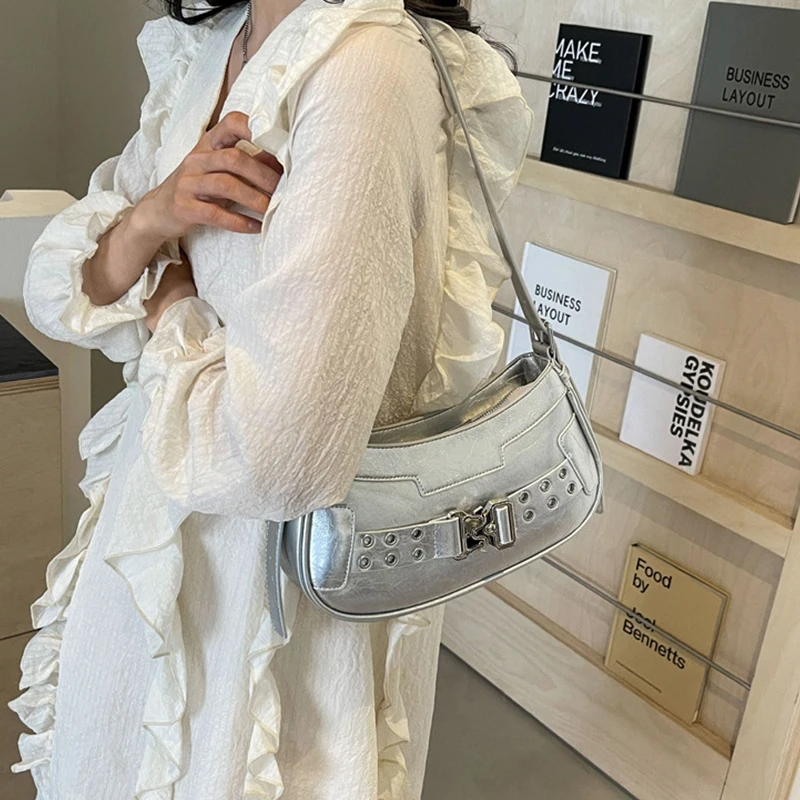 Korean Vintage Crescent Armpit Bag Women Casual Rivet Motorcycle Bag Fashion Texture Handbag Leather Zip Stylish Shoulder Bag