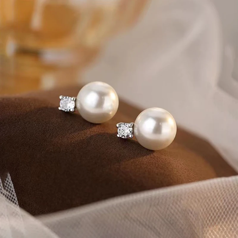 Real 925 Sterling Silver Zircon Bead Round Pearl Stud Earrings For Women Classic Fine Jewelry Niche Light Luxury Accessories view 3