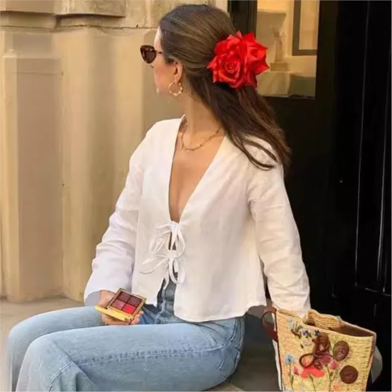 

Women Casual Solid Lace Up Deep V-neck Blouse Long Flare Sleeve Loose Female Shirts Elegant Spring Summer New Chic Lady Tops