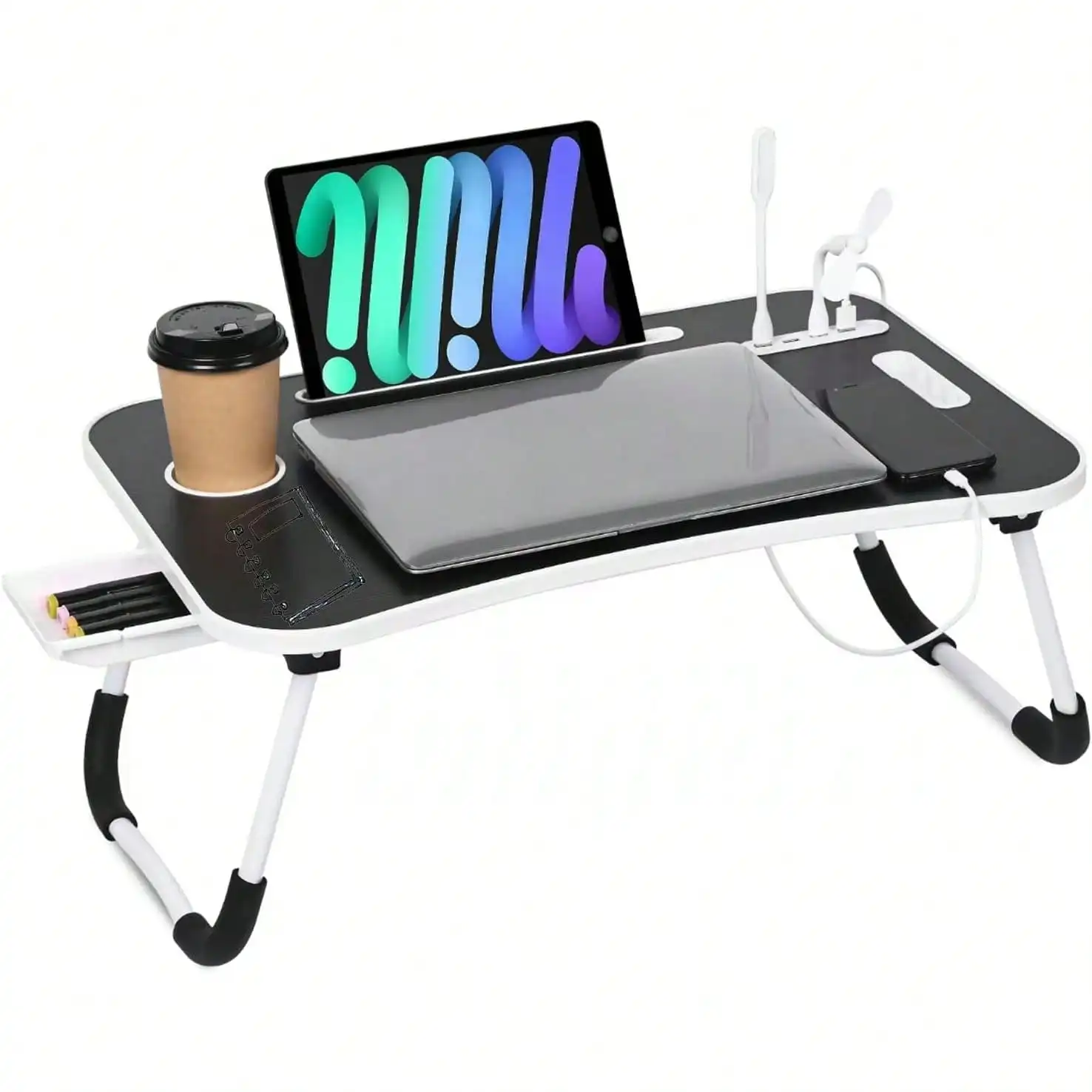 

Foldable Adjustable Laptop Table (Black) - Cup Holder/Drawer Portable Tray For Bed Sofa Floor Outdoor