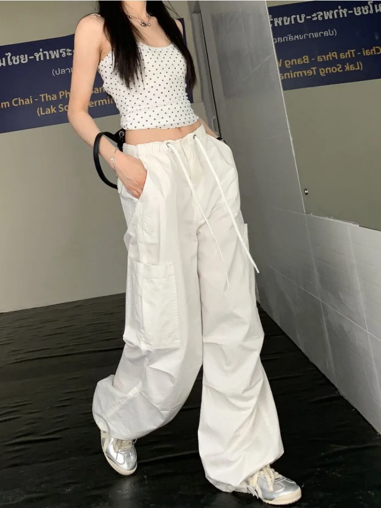 HOUZHOU White Baggy Women Cargo Pants Y2k Vintage Pleated Trousers Korean Fashion Casual Wide Leg Parachute Pants Loose Hip Hop