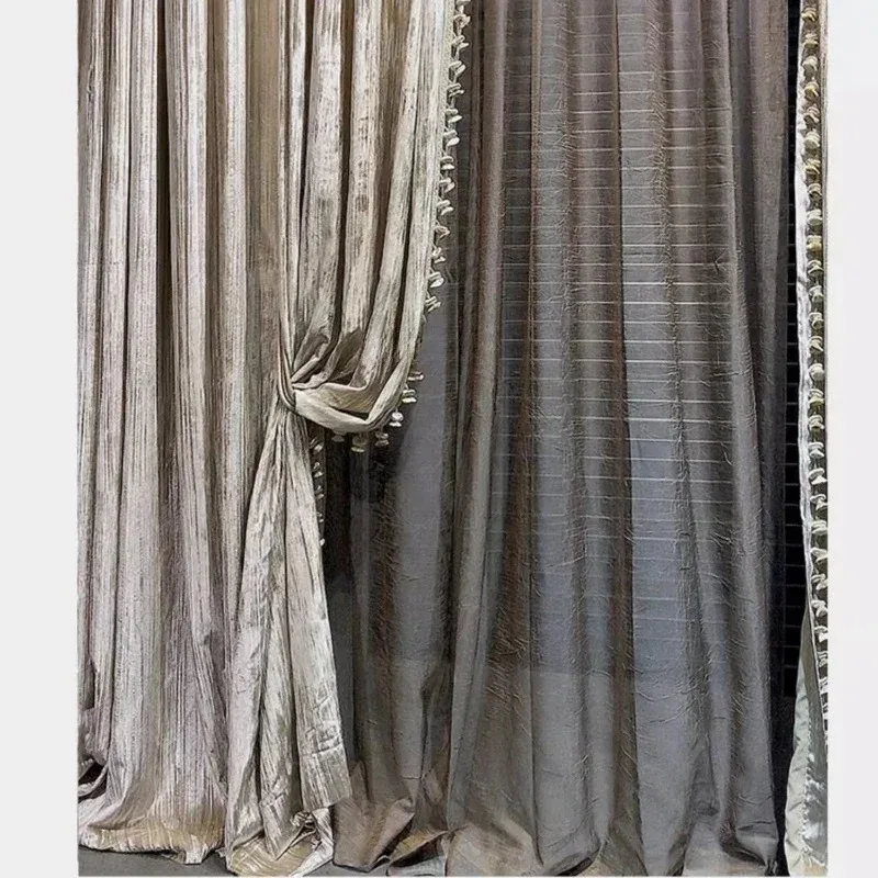 

Custom Size Retro Crusher Velvet Champagne Super Luxury Curtains for Living Room Bedroom Dining Window Tulle White Tulle