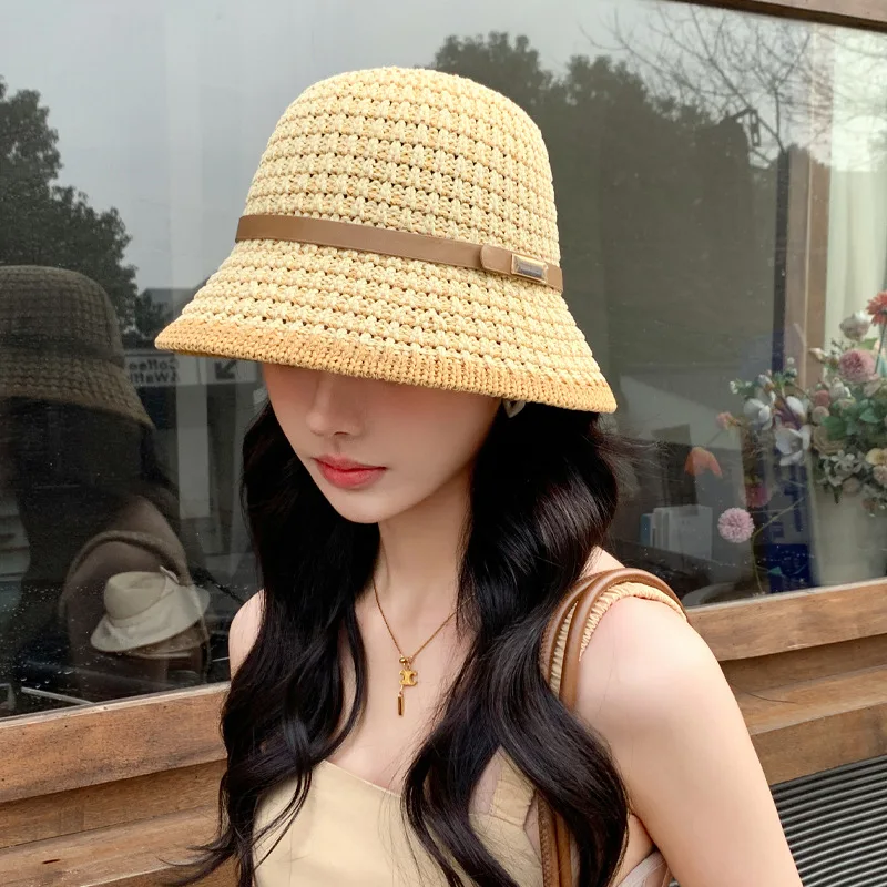 Korean spring-autumn women's hat, knitted leather buckle fisherman hat, all-match breathable face-slimming sunshade