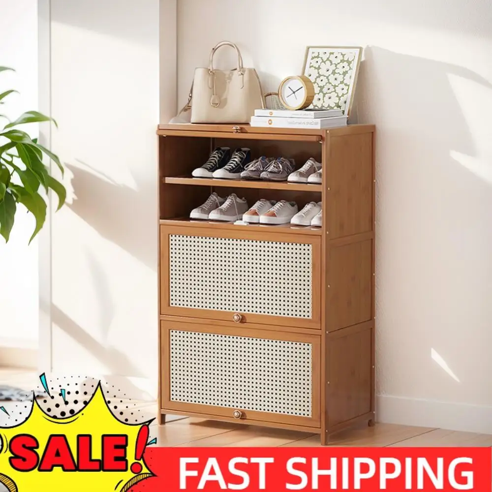 

Shoe Storage Cabinet Bamboo Shoe Cabinet with 2 Flip Drawers & Door Freestanding Shoe Organizer Rack for Closet Hallway Entryway