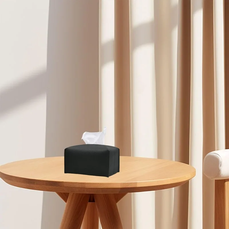 PU Leather Rectangular Tissue Box Holder with Bottom Belt Foldable Plus Size Tissue Box Organizer for Bathroom/Car/Hotel/Office