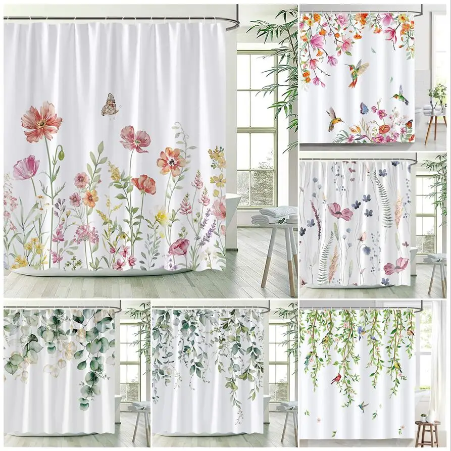 

Floral Shower Curtain Butterfly Hummingbird Green Eucalyptus Leaves Watercolour Flowers Plants Bath Curtains Home Bathroom Decor