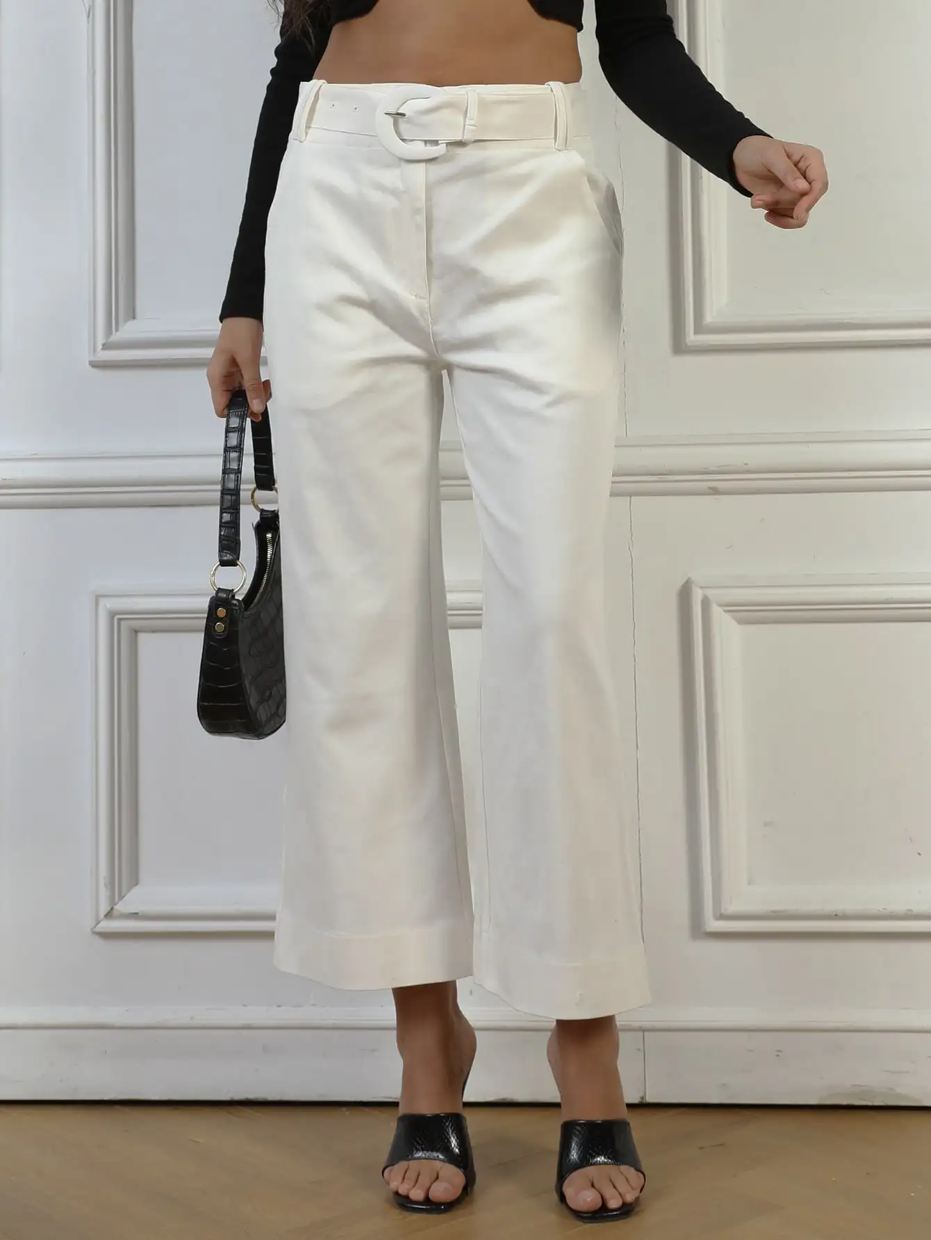 

2024 White Flare Pants Women High Waist Trousers O-ring Belt Streetwear