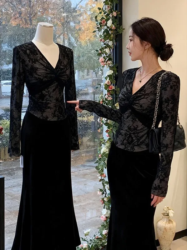 

plus Size Lace Knot Neck Slim Fit Long Sleeve V-Neck T-Shirt Women's Autumn Winter New Style Fashionable Versatile Base Shirt