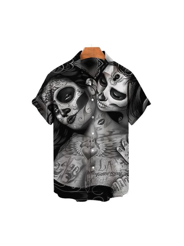 

Men's 3D Digital Skull Print irt Faionable Breathable ort Sve loween Theme Casual Loose Fit Denim irt for Autumn