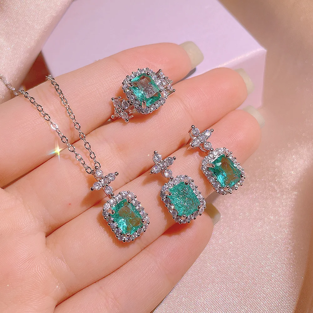 

Gemstone Jewelry Set for Women 3pcs Necklace Earring Ring Set White Gold Plated Fine Jewelry Party Accessories