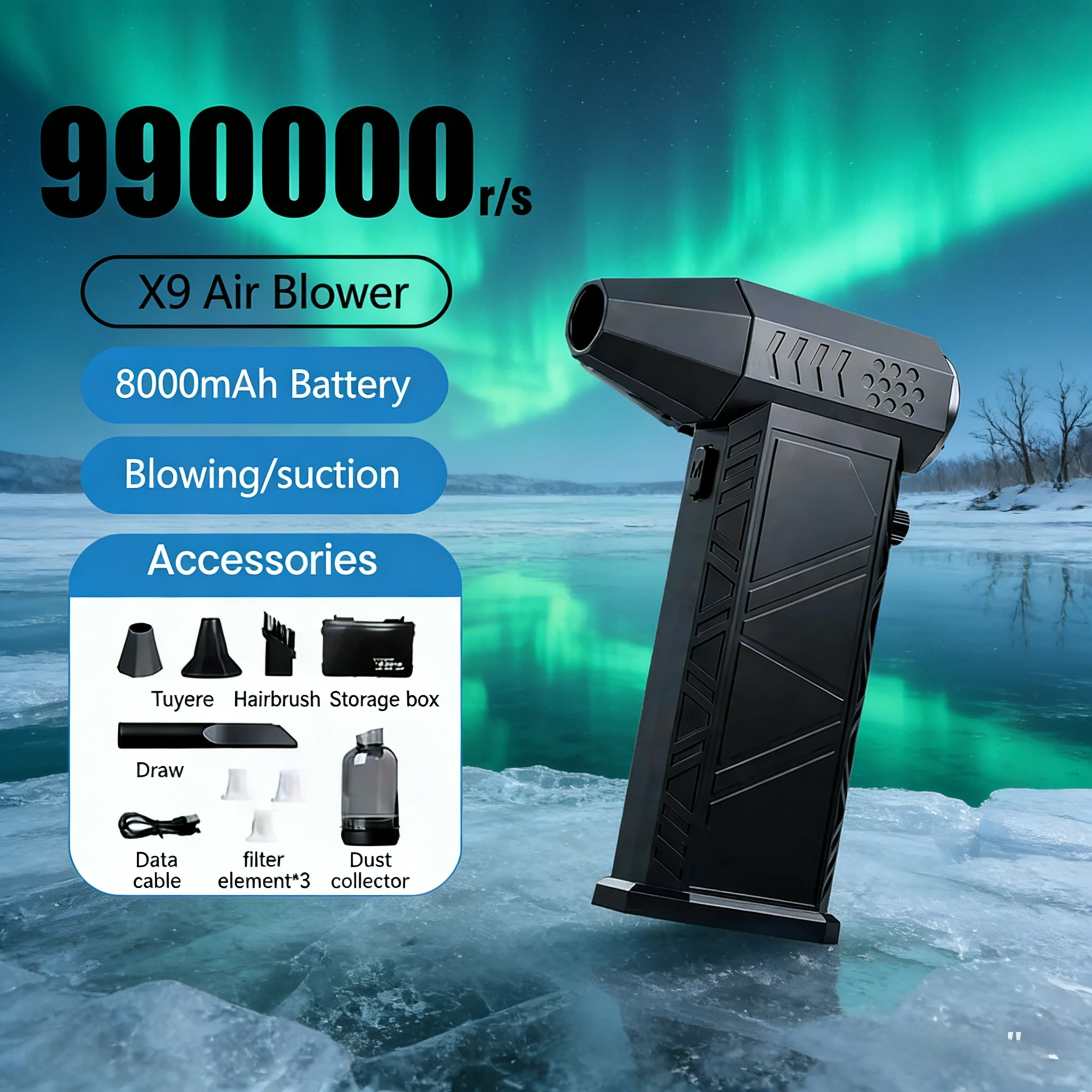 

Турбовоздуходувка X9Pro+ 990000 об/мин | Высокоскоростной пылесос 58 м/с с бесщеточным двигателем и зарядкой Type-C