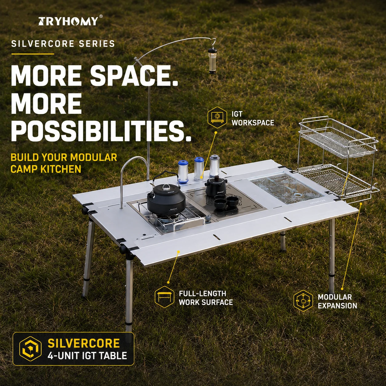 TRYHOMY SILVERCORE 4-UNIT Modular IGT Camping Table, Full-Size Anodized Aluminum Outdoor Separate Table, Expandable Camp Kitchen