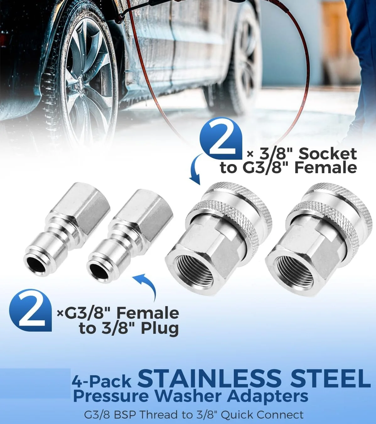 

4pcs Pressure Washer Adapter 3/8" Female Thread Quick Connect Plug & Socket Stainless Steel Hose Fittings 5000 PSI Ball Lock