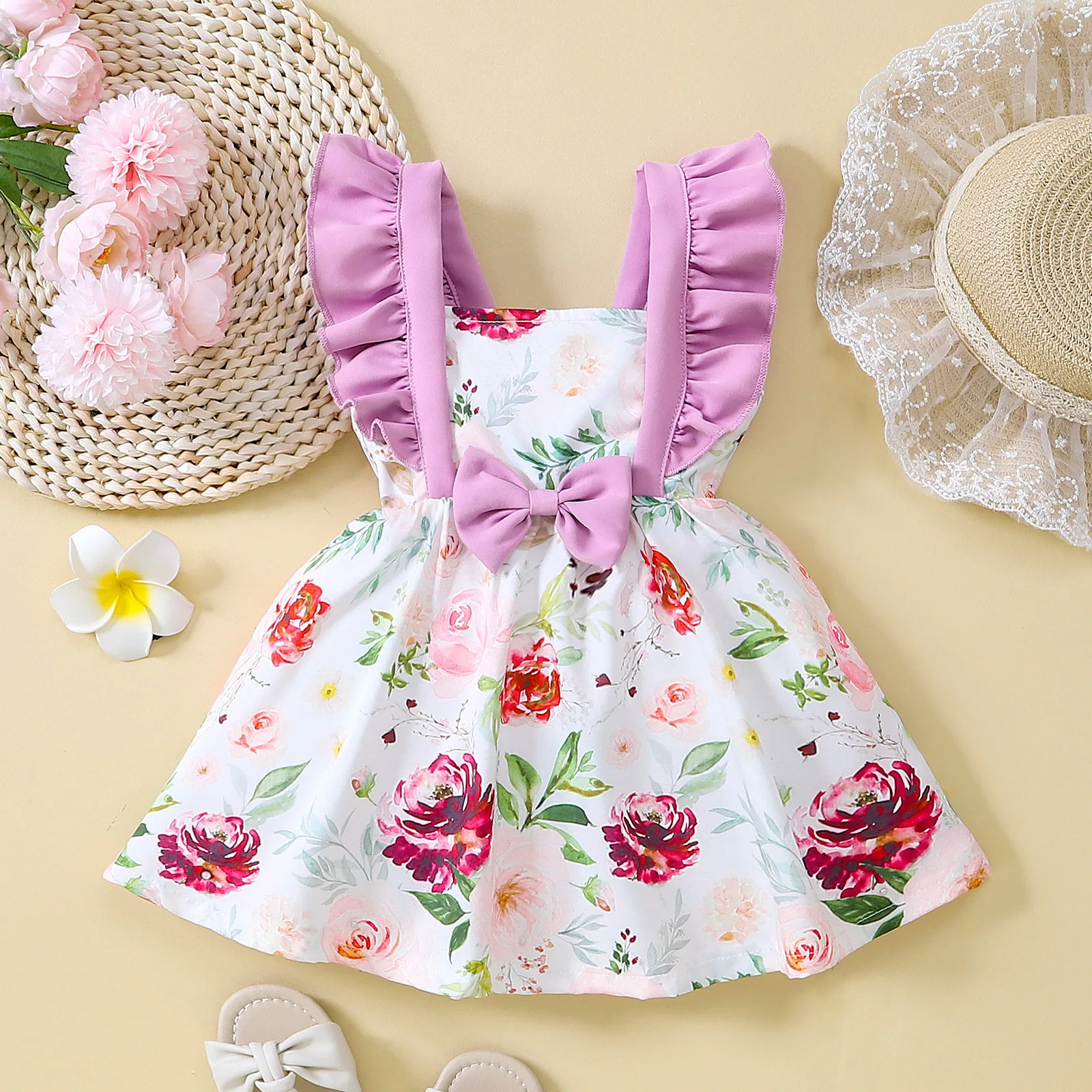 

Summer 2023 New Arrivals Girls Sleeveless Ruffles Bow Print Floral Purple Cute Infantil Menina Cute Party Dress Custume 0-2T