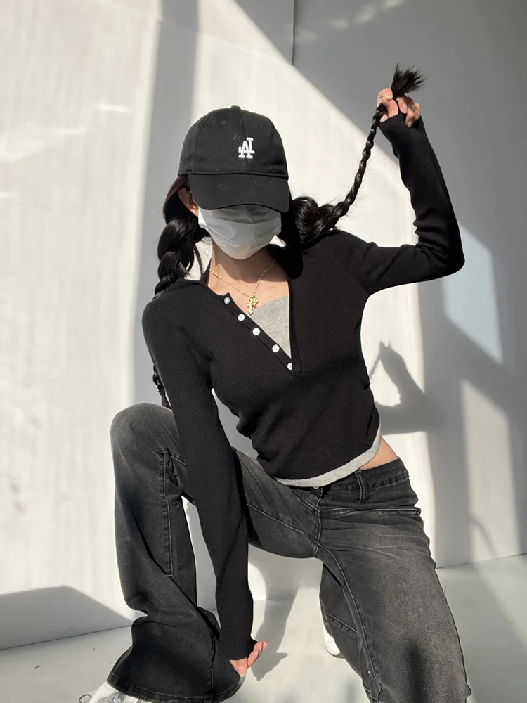 American ABG Spicy Girl Sle lavorato a maglia Ne Hanging irt Slim Fit oulder High Long Sve Base irt Street Sle ort Lunghezza