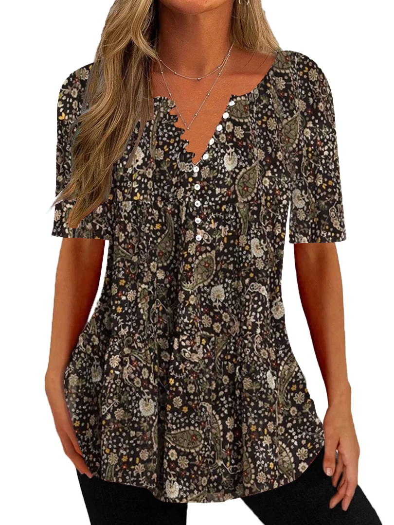 Plus Size Women Half Sleeve V-neck Floral Printed Button Tops