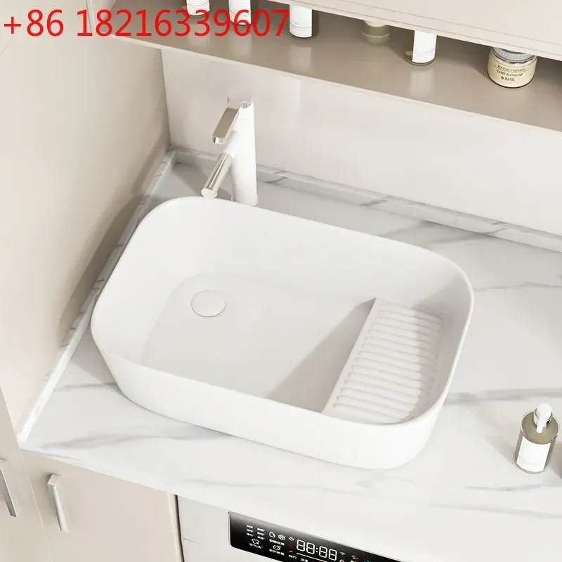 YAO Balcony Ceramic Laundry Basin with Rubbing Board Platform Single Sink Left or Right Drainage Slot for Washing Clothes