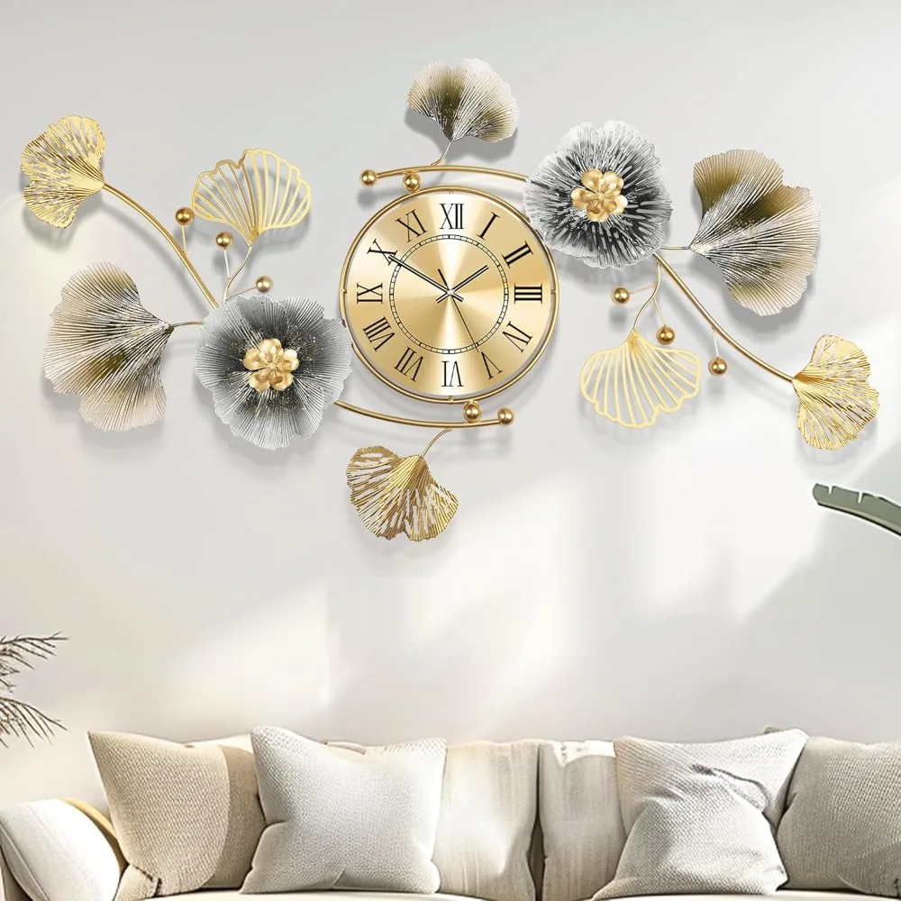 

Large wall clock, creative metal ginkgo biloba decorative clock, wall clock with silent sports decoration, large wall decoration