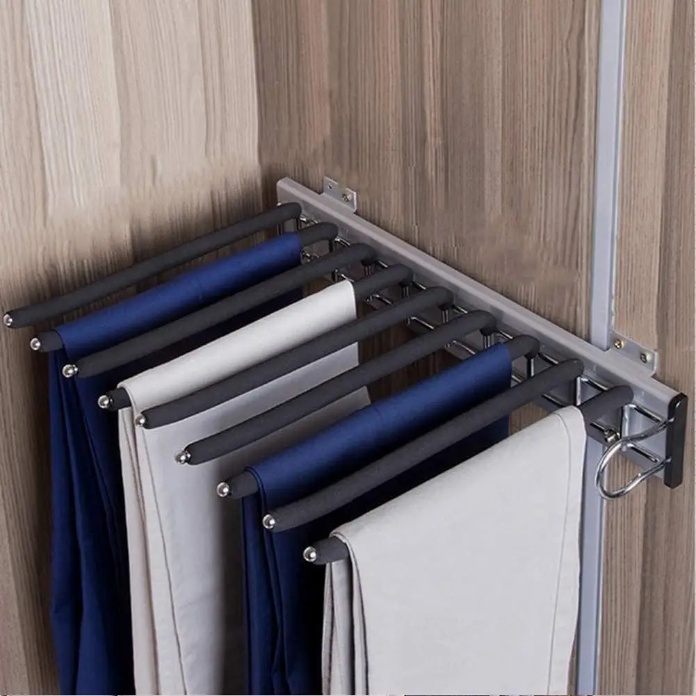 LOYALHEARTDY Stainless Steel Trouser Hanger Clothes Rail Extendable Non-Slip Pants Storage Holder 9 Bars for Closet Right Mount