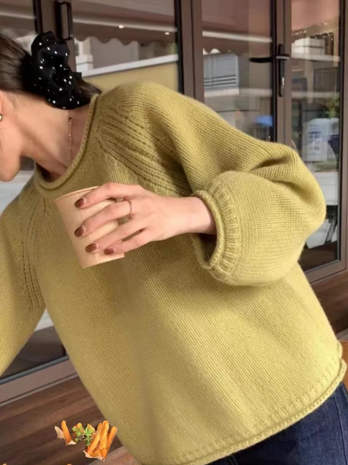 

Trendy Yellow Knitted Sweater Overhead Loose Lazy Sle Women's Spring New Arrival Thi Needle Long Sve round Ne Top