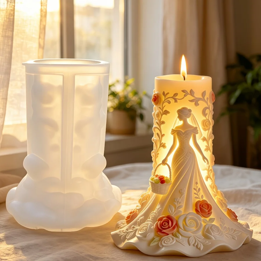 Flower Basket Wedding Goddess Rose Vine Relief Candle Resin Silicone Mold Retro Elegant Goddess Long Dress Statue Gypsum Molds
