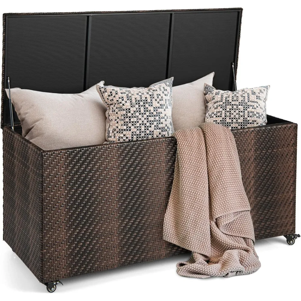 

96 gallon outdoor storage box - with lid, 4 wheels, waterproof lining, external rattan storage box