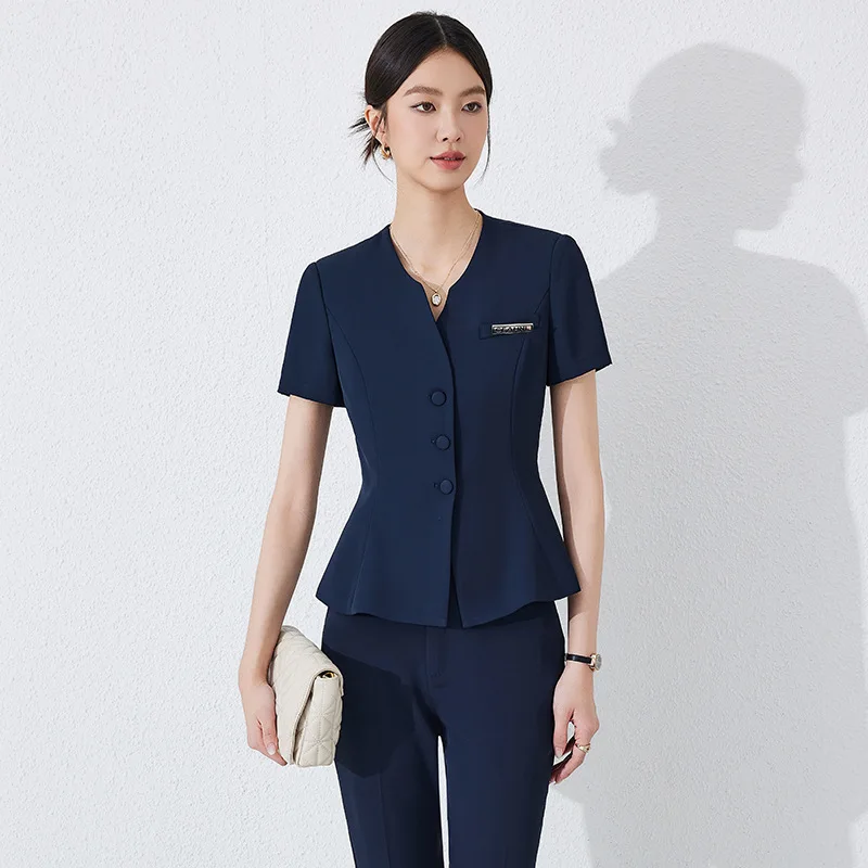 Summer professional attire short-sleeved suit for women, slim fit and elegant, suitable for hotel reception, beauty salon, and j