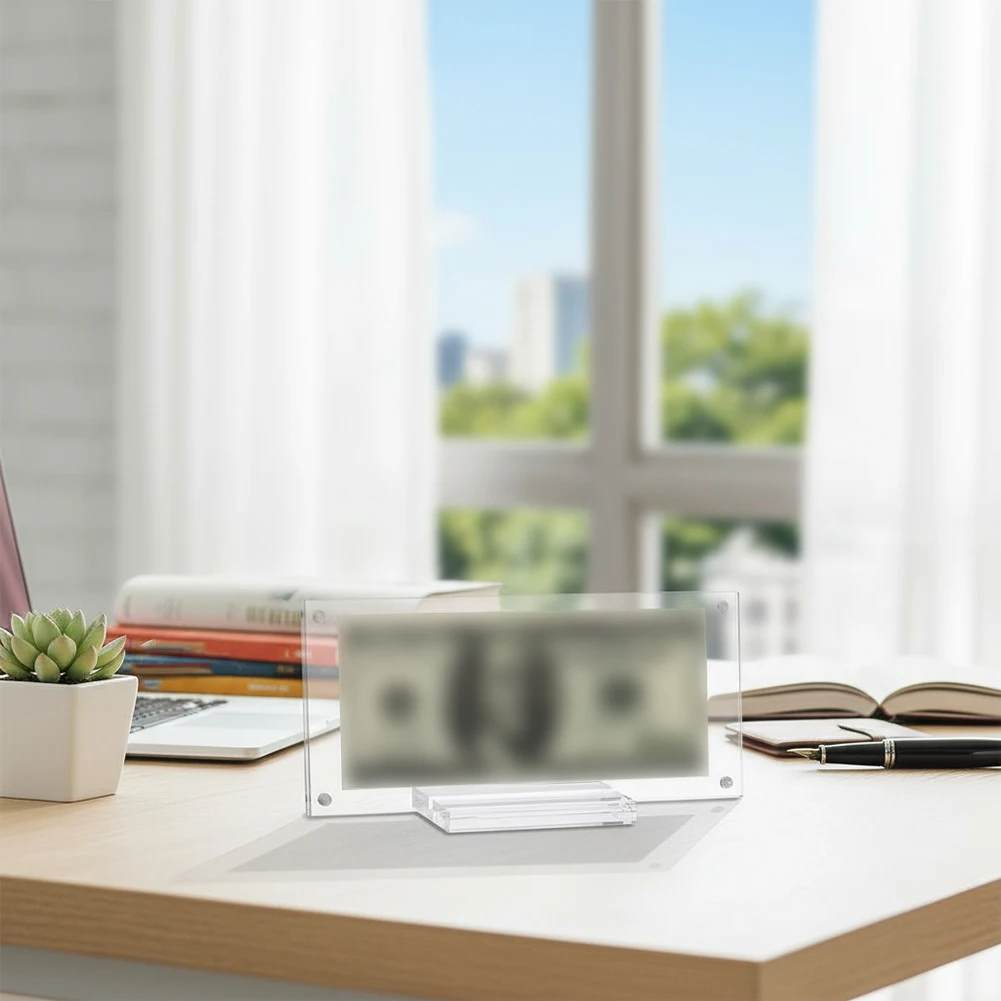 Two-Sided Acrylic Display Frame for Currency Stamps Photos and Documents with Base Support and Space-Saving Dimensions