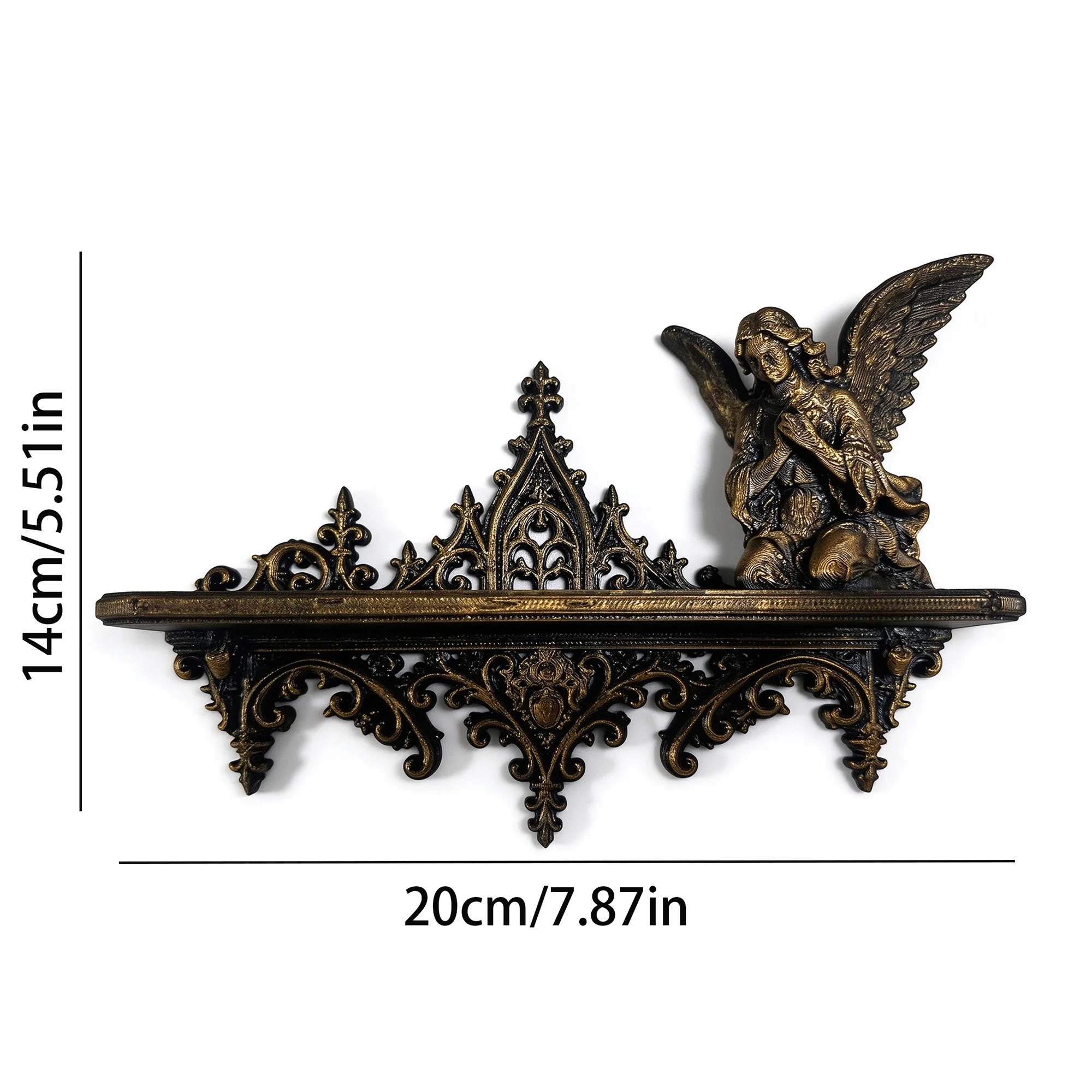 Gothic Cathedral Angel Wall Shelf, Black Bronze PLA Plastic Ornate Floating Display Shelf for Dark Academia Gothic Home Decor