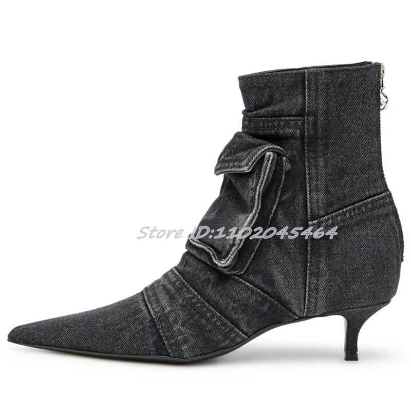 Black/Blue Denim Low Heels Ankle Boots Pointed Toe Pockets Zipper Sexy 2024 Winter New in Booties Luxury Designer Women's Shoes image 6