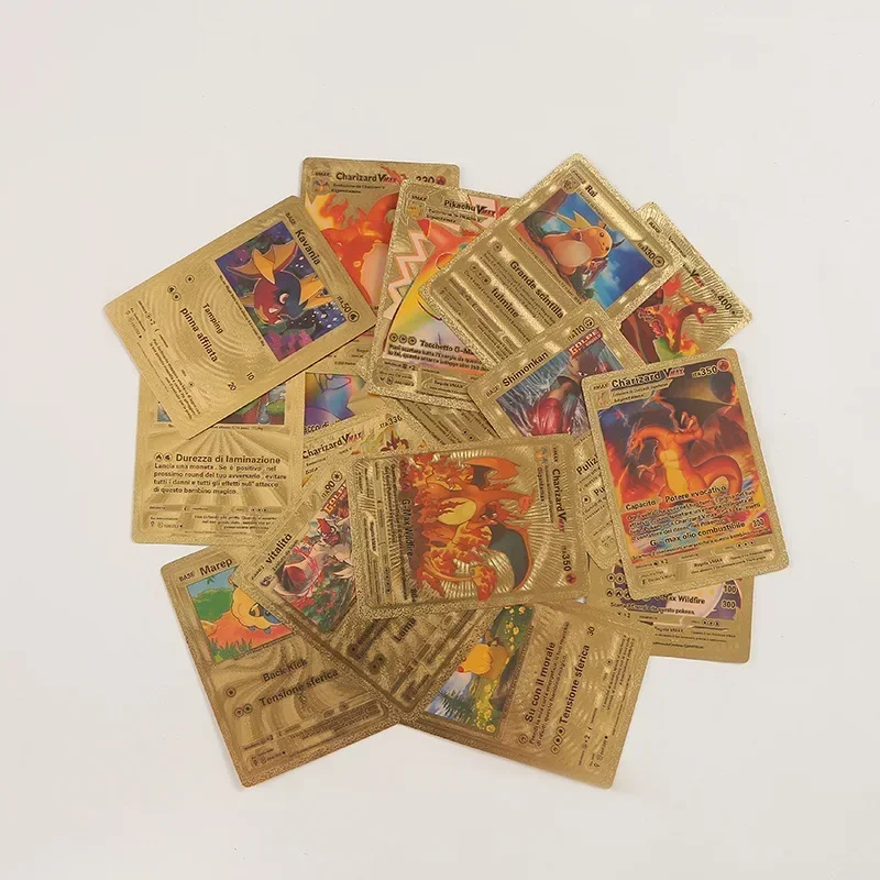 110PCS Gold Foil Original Pokemon Cards Non-repeating Pikachu Anime Cards English Spanish German Pokemon Cards Party Games Gift