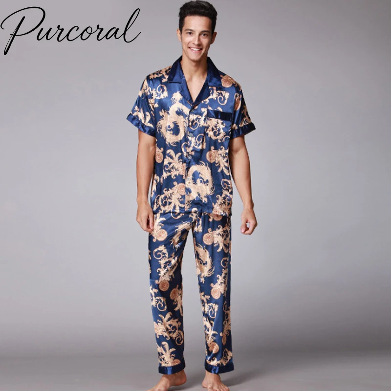 Purcoral Men 2Pcs Satin Pajamas Short Sleeve Lapel Shirt+Long Pants Chinese Dragon Print Silk Like Sleepwear Home Loungewear