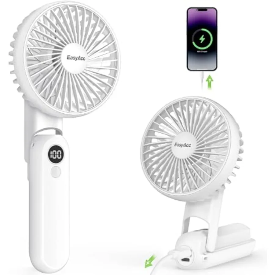 

3 IN 1 Hand Fan, Portable Fan for Travel, 5000 Battery Handhedl Fan [Ultra Quiet Powerful]-5 Speeds/Backup Power/SOS Light/Digi