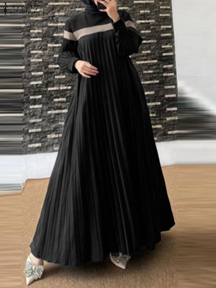 Women Autumn Muslim Dress Abaya 2024 ZANZEA Elegant Long Lantern Sleeve Islamic Robe Kaftan Patchwork Sundress Pleated Vestidos