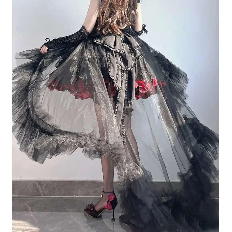 Marrying Jsk Sweet Gothic Lolita Asymmetrical Mesh Extension Long Skirt Women Vintage Elegant Ruffle Cake Lace Party Event Skirt