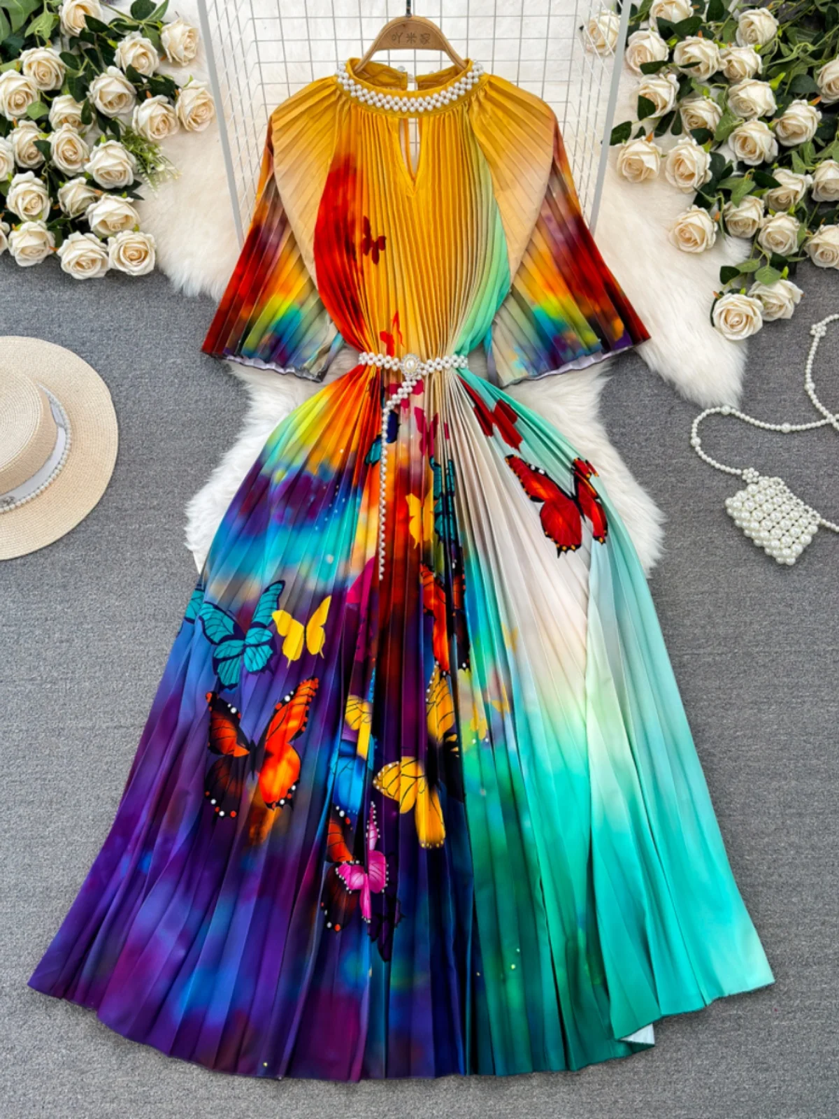 

Faionable Pleated ort Sve Beaded Stand Collar Waist Cinched Slimming A-Line adient Color Print Maxi Dr