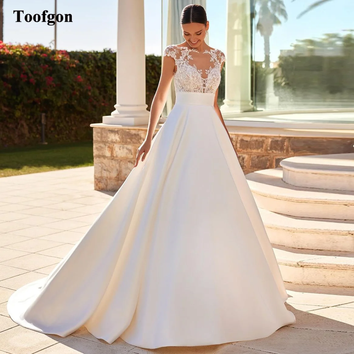 

Toofgon A Line Satin Wedding Dresses Appliques Lace See Through Top Sweep Train Buttons Formal Party Wedding Gowns Bridal Gowns