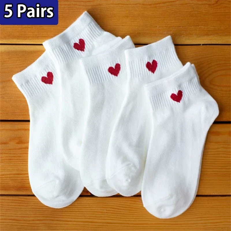 5 par Lovely Heart Cotton Socks Women Summer Fashion Black White Sports Short Socks Girls Cute Style Low Tube Boat Socks 35-40