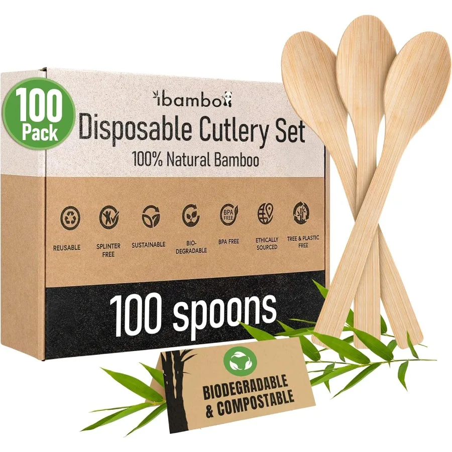 

Набор 100% бамбуковых ложек, биоразлагаемая серебро, 100, маленькие бамбуковые ложки, многоразовые или одноразовые столовые приборы для вечеринок, компостируемые FSC Ce