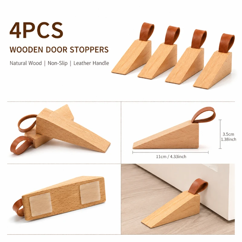 4PCS Wooden Door Stoppers, Non-Slip Door Wedges with Leather Handles, Floor Door Holders for Home and Office