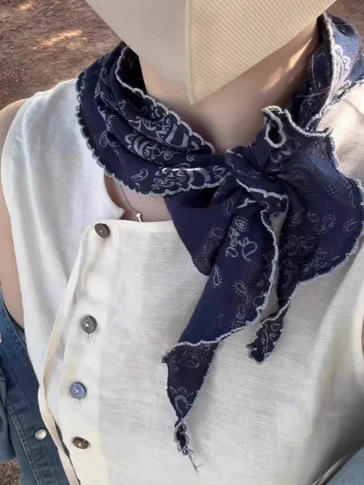 Bufanda floral de lino y algodón ligero retro para mujer, pañuelo pequeño artístico Sli de verano, accesorio versátil