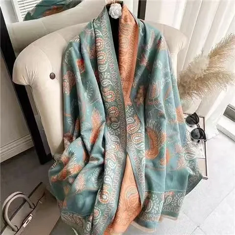 

Faux Cashmere Scarf Wrap - Bluebird & Cashew Print 2-in-1 Women's Winter Shawl & Summer Throw Blanket